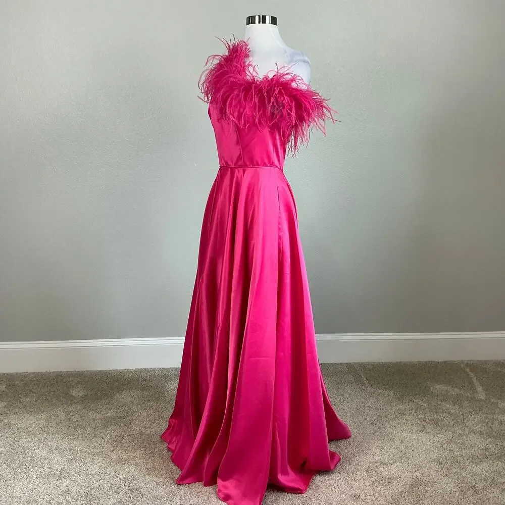 Mac Duggal 11684 Pink Evening Gown Satin One Shoulder Feather Trim Dress Size 4 - Picture 5 of 11